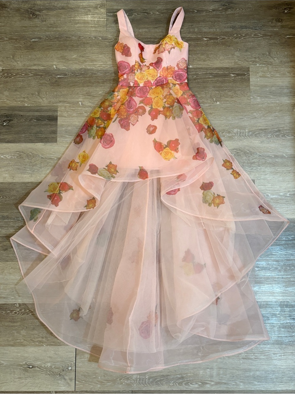 Sherri Hill Floral Print High-Low Organza Evening Gown Sweetheart Neckline Sz 4